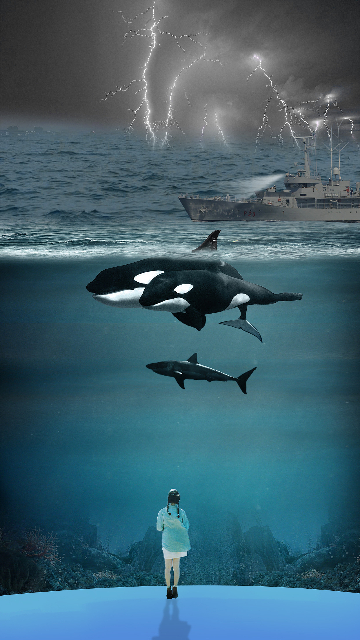 这是第一天做的,特别丑,想的是一个女生,在海底看着虎鲸被捕鲸船猎杀的,但是融合效果不好