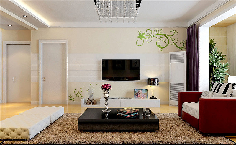 客厅区,保证满足家人休息娱乐之时使用,布艺沙发简约直线背景简单时尚。而吊顶选用黑色吊灯做装饰,使空间装饰性显得更强。