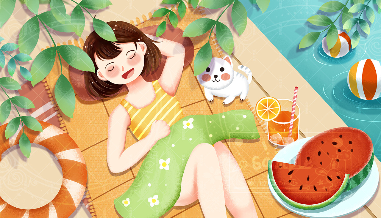 一组夏日扁平风可爱泳装插画