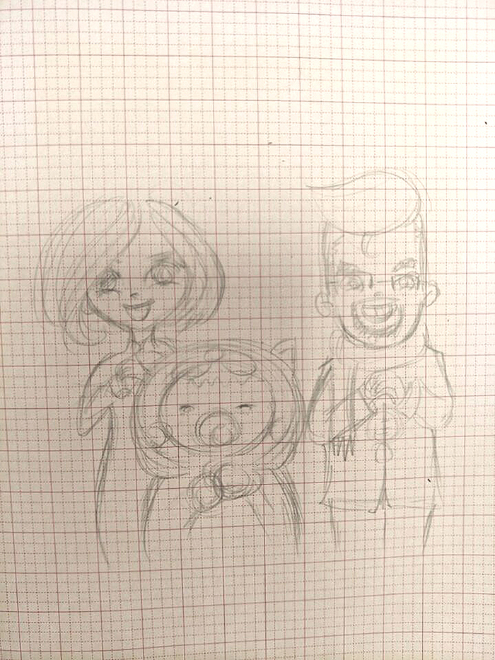 最初的草稿，特别草，后期考虑到放开的二胎政策，将来逐渐的四口之家增多，所以在绘制的时候改为了四口人～