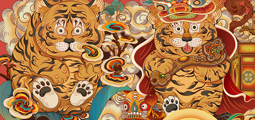 九虎送福—国风贺岁插画——虎年插画（图ZMjgwMjUwNzY4） - 商业插画 - 站酷设计师卓煜原创素材 - 站酷ZCOOL
