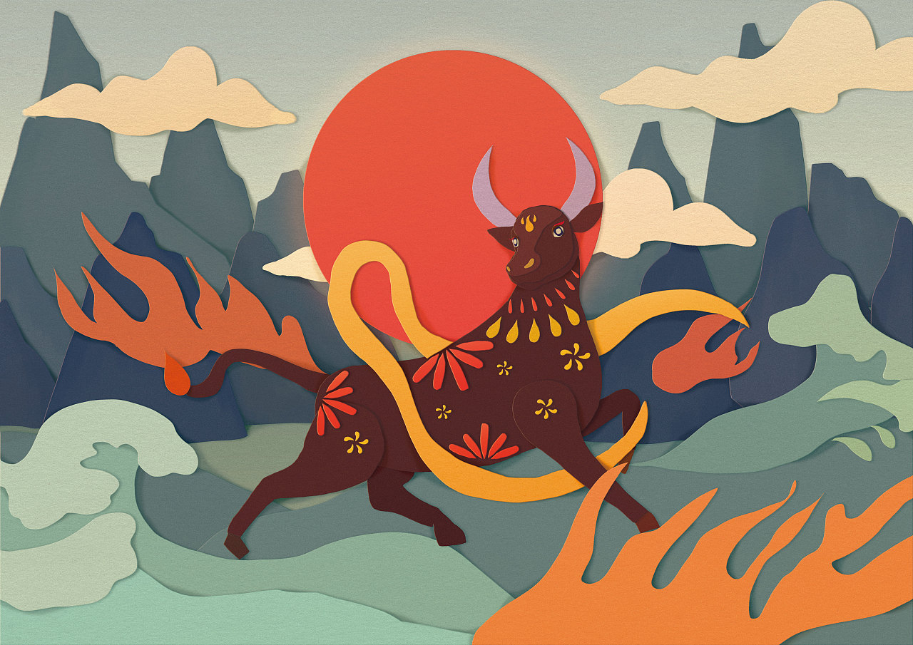 剪纸风格牛年生肖系列插画