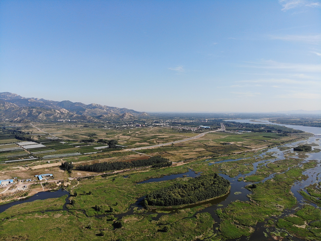 泰安大汶河湿地公园 北集坡湿地公园航拍美丽风景