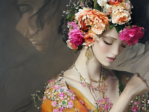 #AI创作实验室#古風美女，唐服，優雅，花朵，優雅