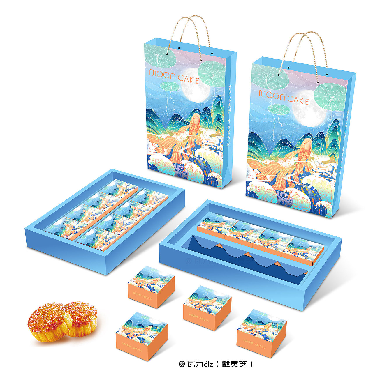 中秋月饼礼盒包装插画：国潮之月是故乡圆