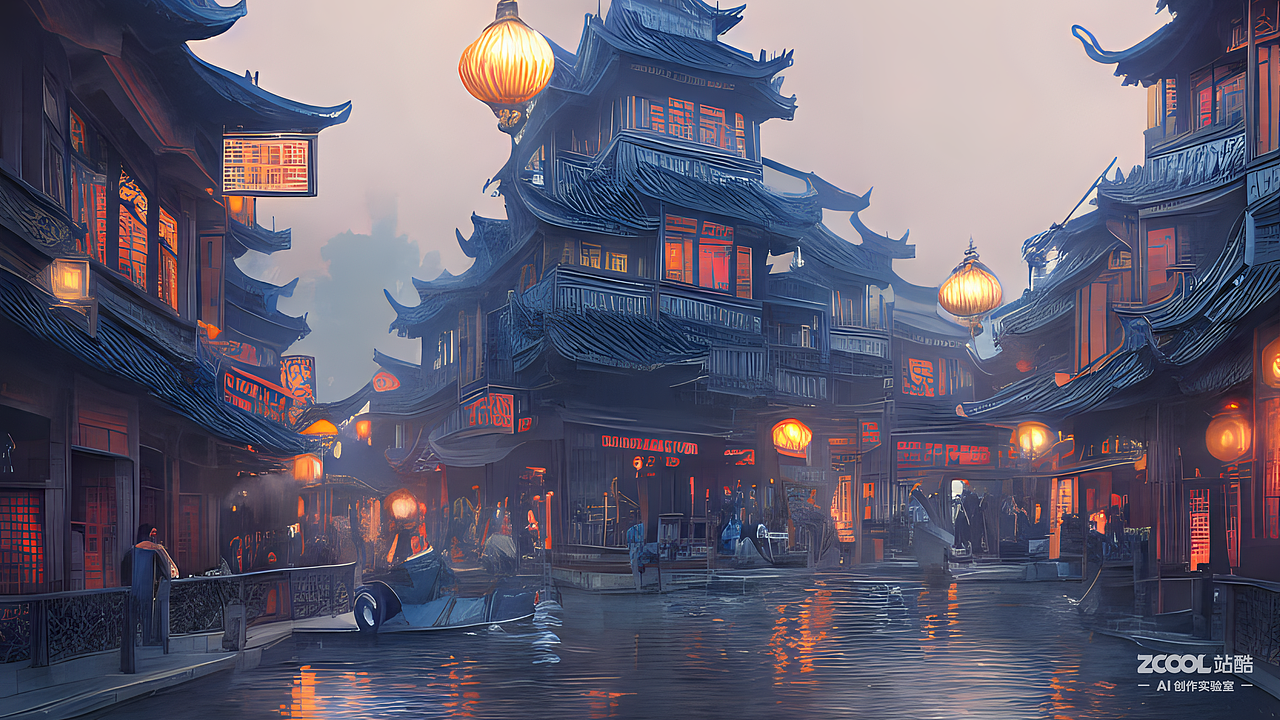 #AI创作实验室#江南水乡，夜晚，电影照明，史诗，数字