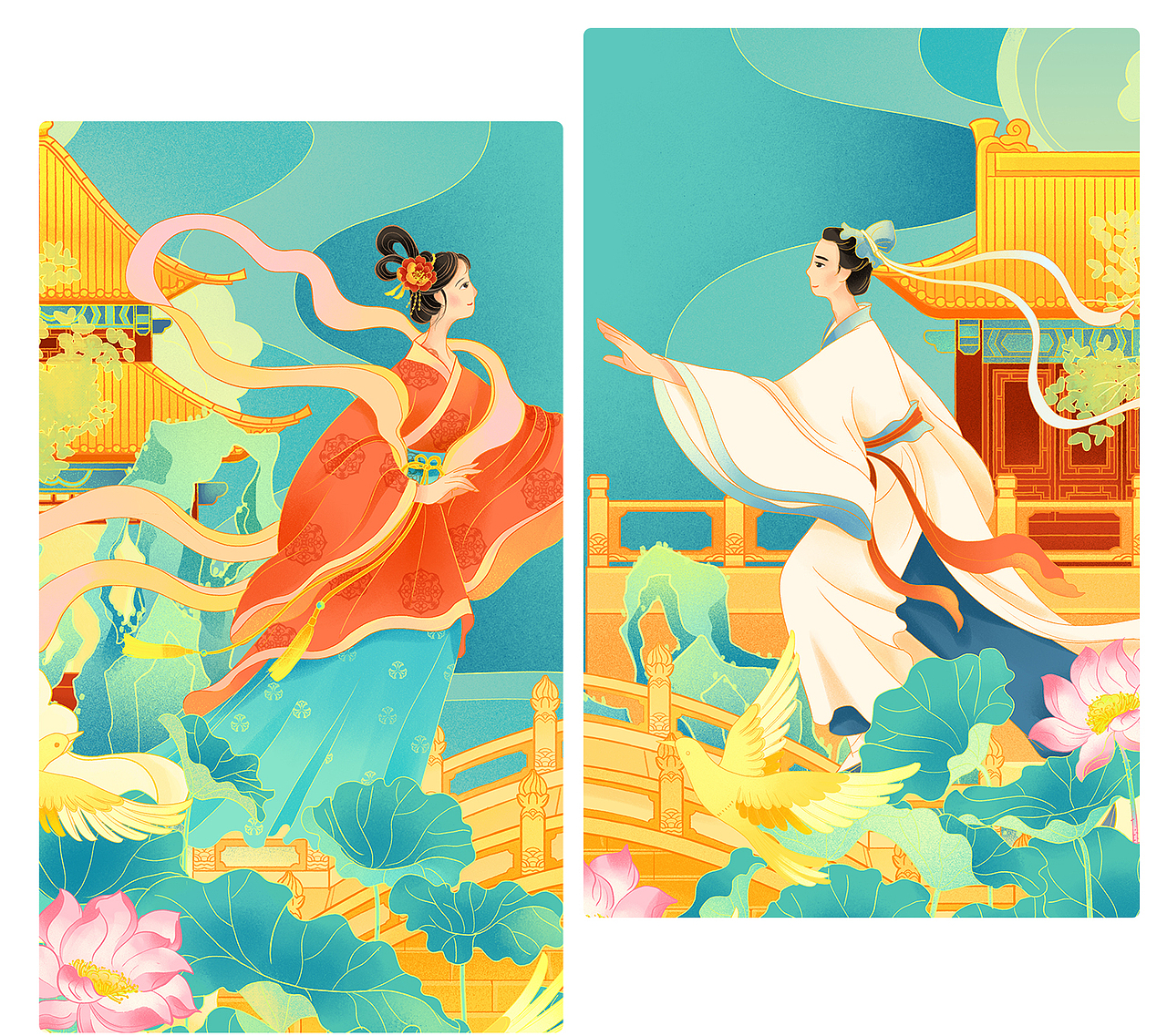 七夕唐朝情侣与牛郎织女国潮插画