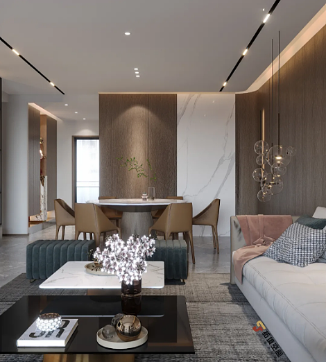 原木色木饰面沙发背景墙简洁温暖,大理石电视背景墙时尚大气,搭配浅灰色沙发与方形小茶几,让这个容纳家人共处的空间更有温度。
<br>餐厅