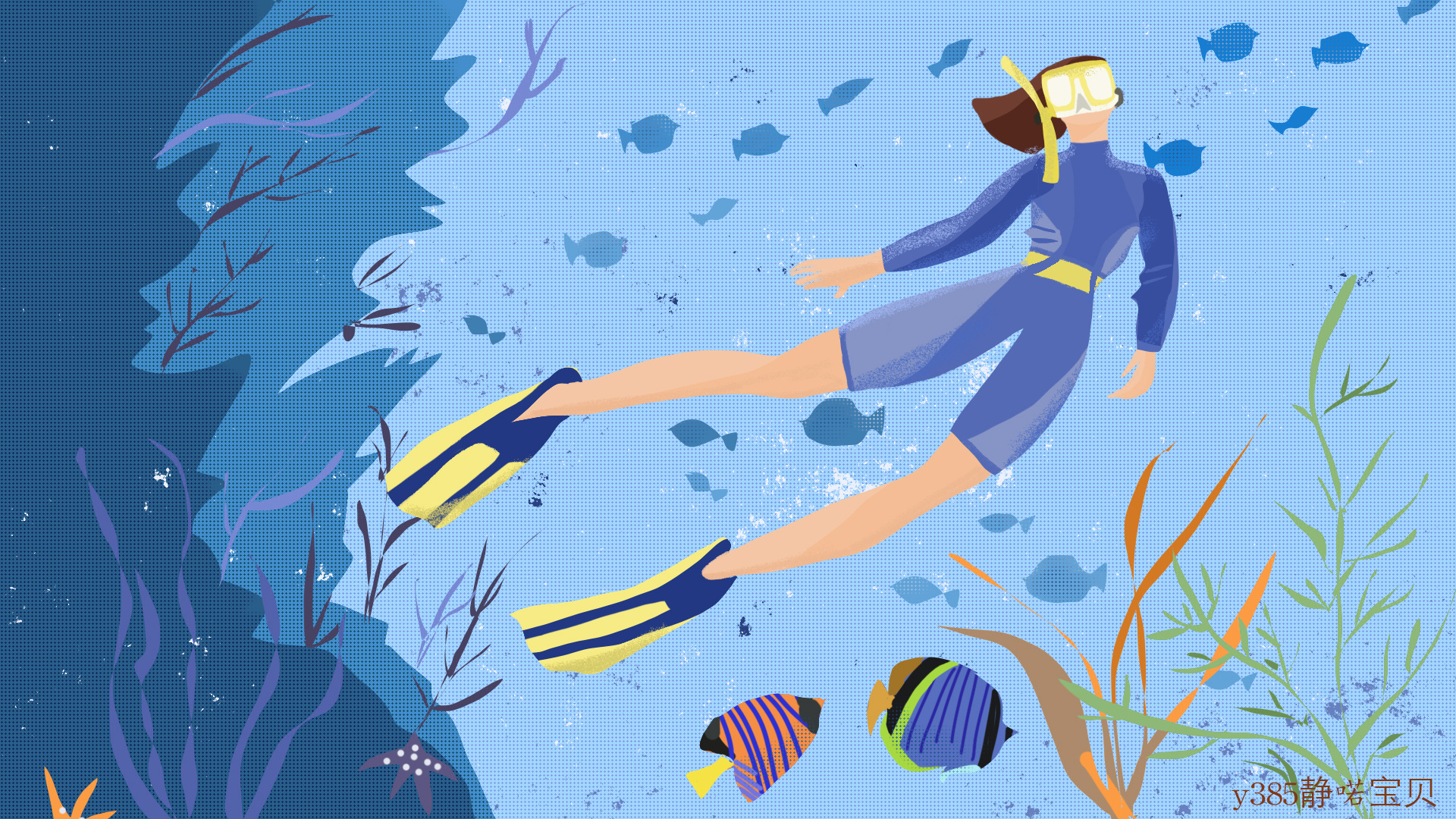 夏天在海里潜泳的少女插画图片-千库网