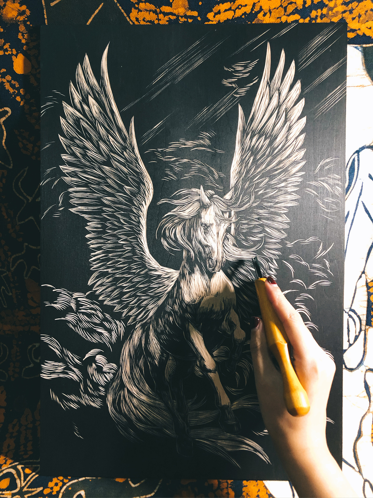 手工雕刻黑白木刻版画【飞马】|纯艺术|绘画|wuhaiting - 原创作品