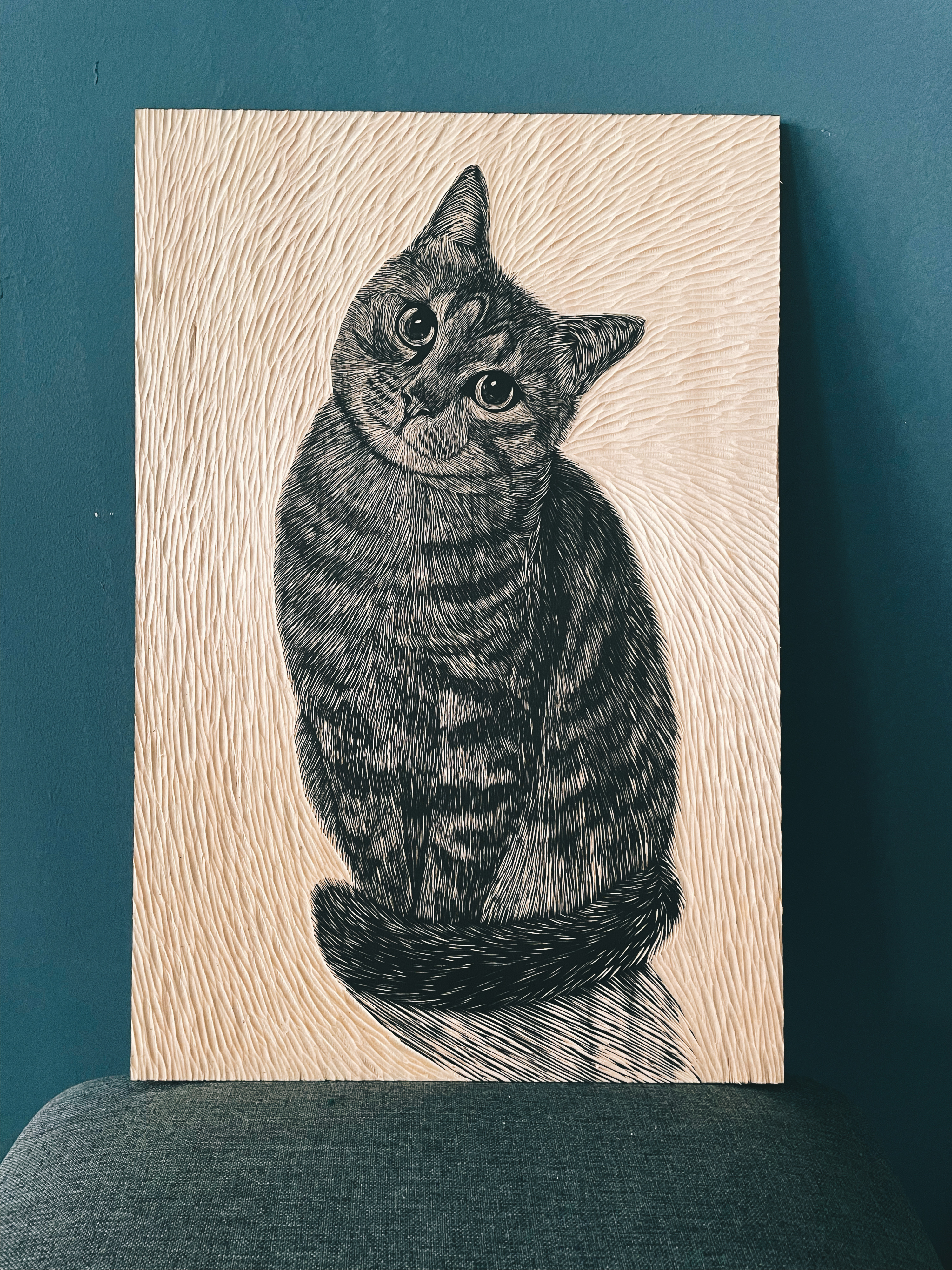 手工雕刻猫咪木刻版画