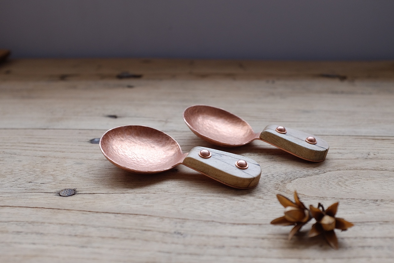 镶木柄小铜勺,紫铜+渍纹枫木