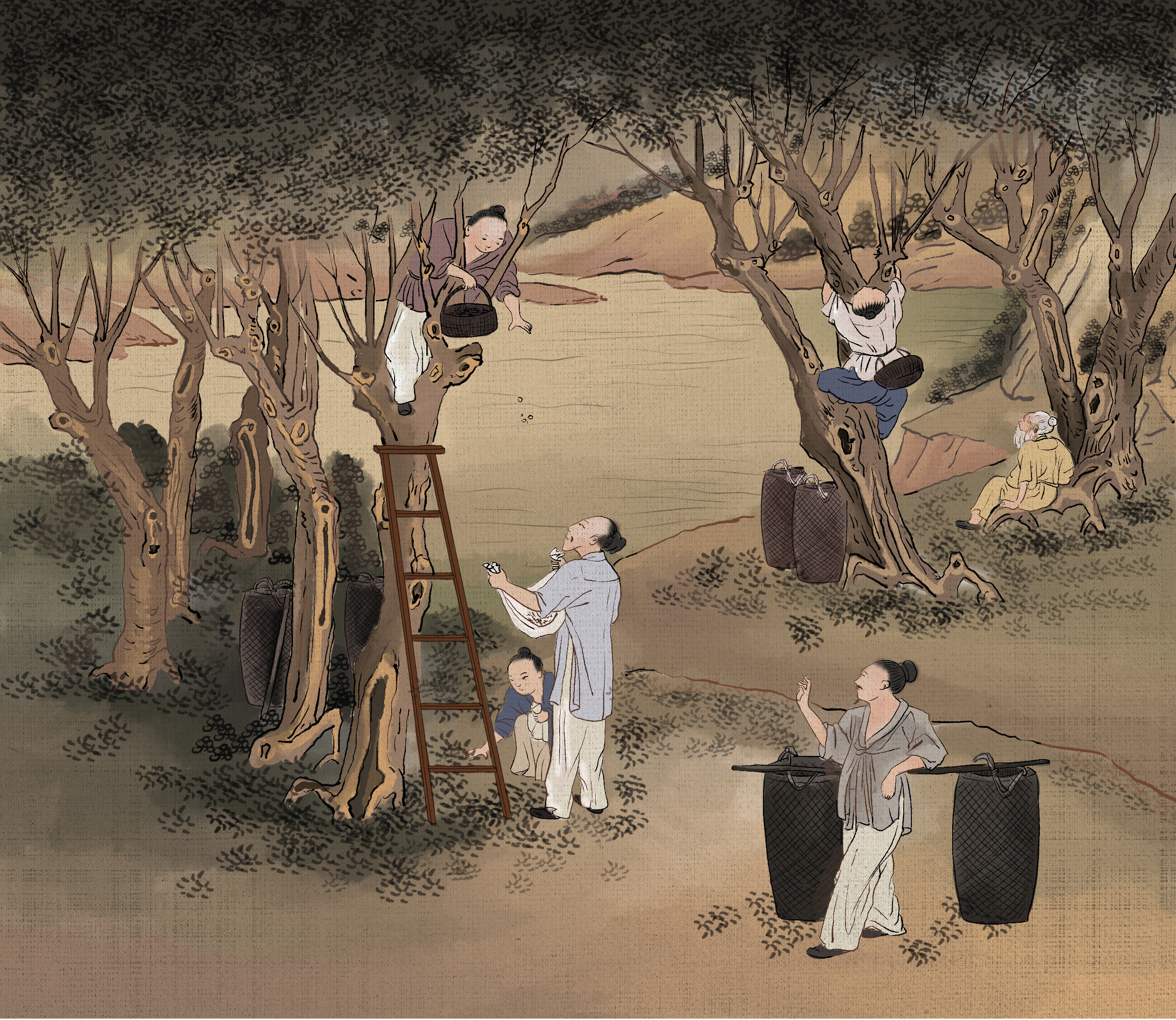 本套插画由ps板绘,主题内容为古代农忙时节,农民日常生活