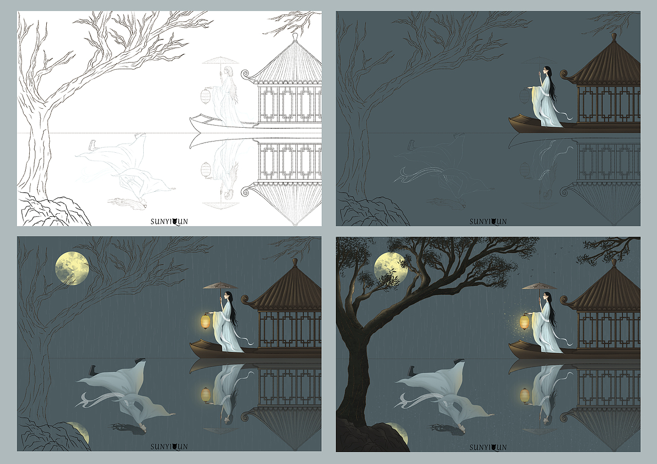 中国风插画 《九歌.湘君湘夫人》（图ZMjI3ODc2MzI4） - 商业插画 - 站酷设计师一只黑猫啦原创素材 - 站酷ZCOOL