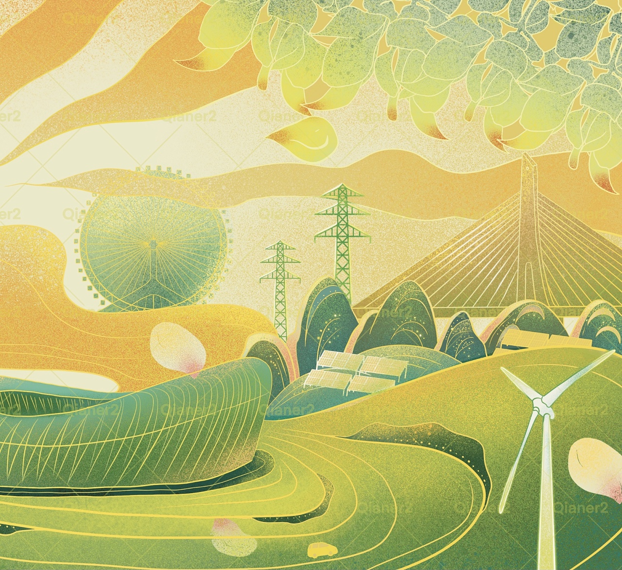 城市电力国潮插画/原创插画