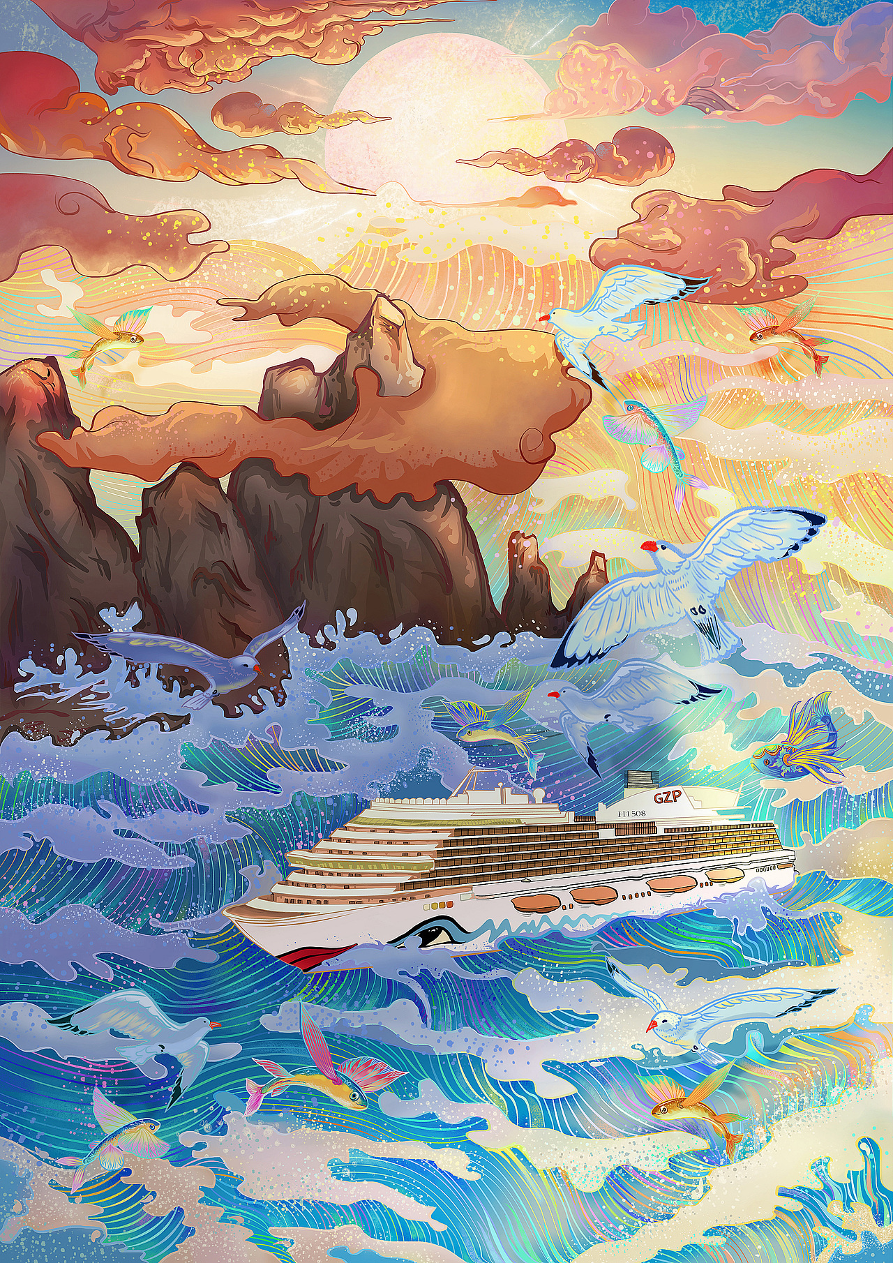 这组插画设计以中国传统海洋画为基础,在其中加入了国产首艘大型邮轮h