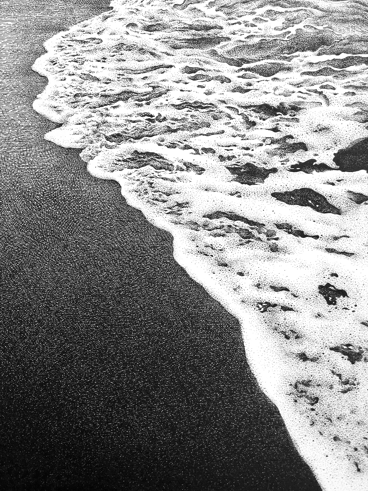 谭伯虎钢笔画作品《听涛》