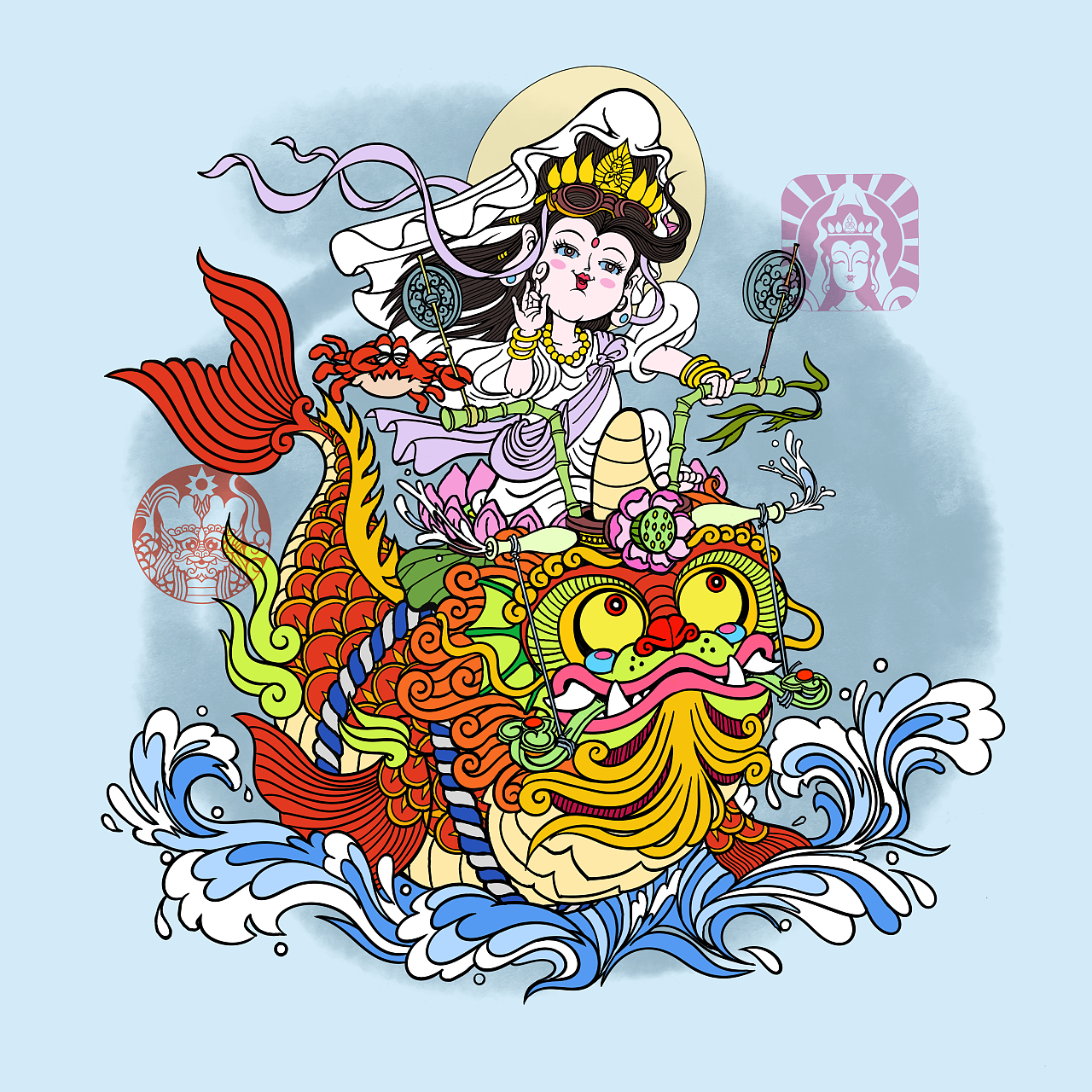 涂色完冲浪献歌和念经三张线稿,出门走走,在商店竟然看到鳌鱼观音