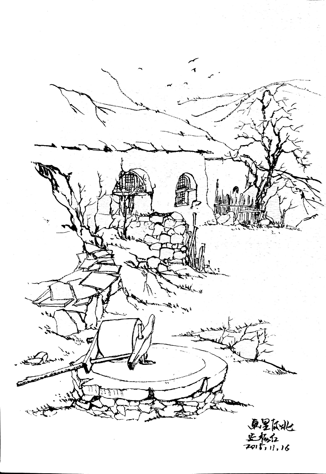 窑洞风景速写|纯艺术|绘画|延杨红钢笔画_原创作品-站酷zcool