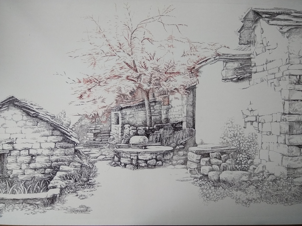 汤向的彩色钢笔画《晨曦》75x50厘米800g卡纸（图ZNzQ4MDIyMTI=） - 绘画 - 站酷设计师汤向钢笔画原创素材 - 站酷ZCOOL