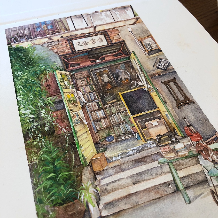 水彩插画|老书店 记录绘画步骤