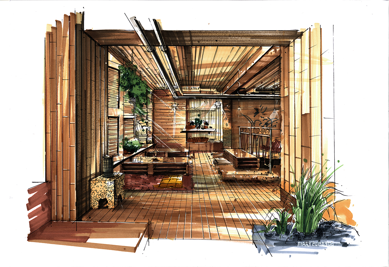 图「原创」马克笔手绘-作业室内设计快题有水印水彩人物签绘古风夏