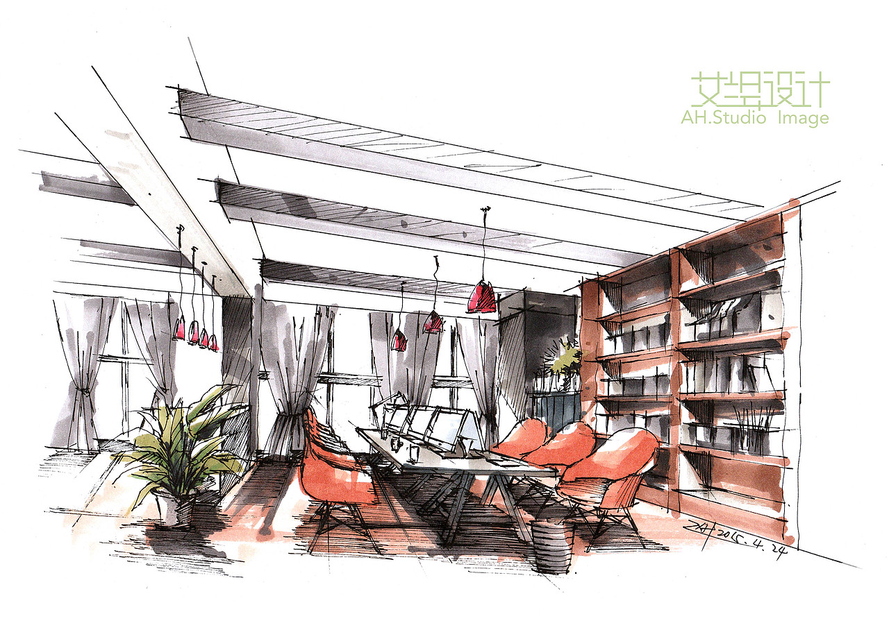办公空间设计手绘表现步骤