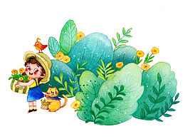 手繪插畫|水彩，小女孩與貓咪小老鼠過夏天
