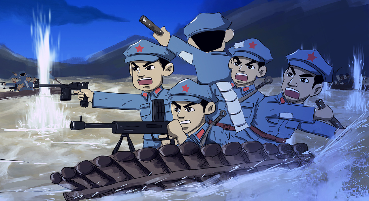 5、时间宕延,敌情紧张,尾随而来的薛岳纵队已越来越近,军委电促迅速完成任务。3日9时,红4团2连17名战士,分乘3个竹筏,在火力掩护下,一齐冒着弹雨向对岸划去。敌人拼命向渡筏射击,一个划手同志虽竹篙被敌火打断3根,还是坚决继续强划。两岸火力正酣密时,3个强渡筏子离敌岸不远了,敌人极其恐慌了,拼命向强渡的战士射击。