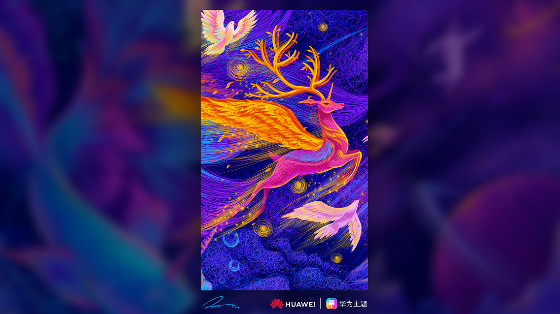 本次插画作品选用了斗鱼,长有翅膀的鹿,宇航员,星球等多个元素构成