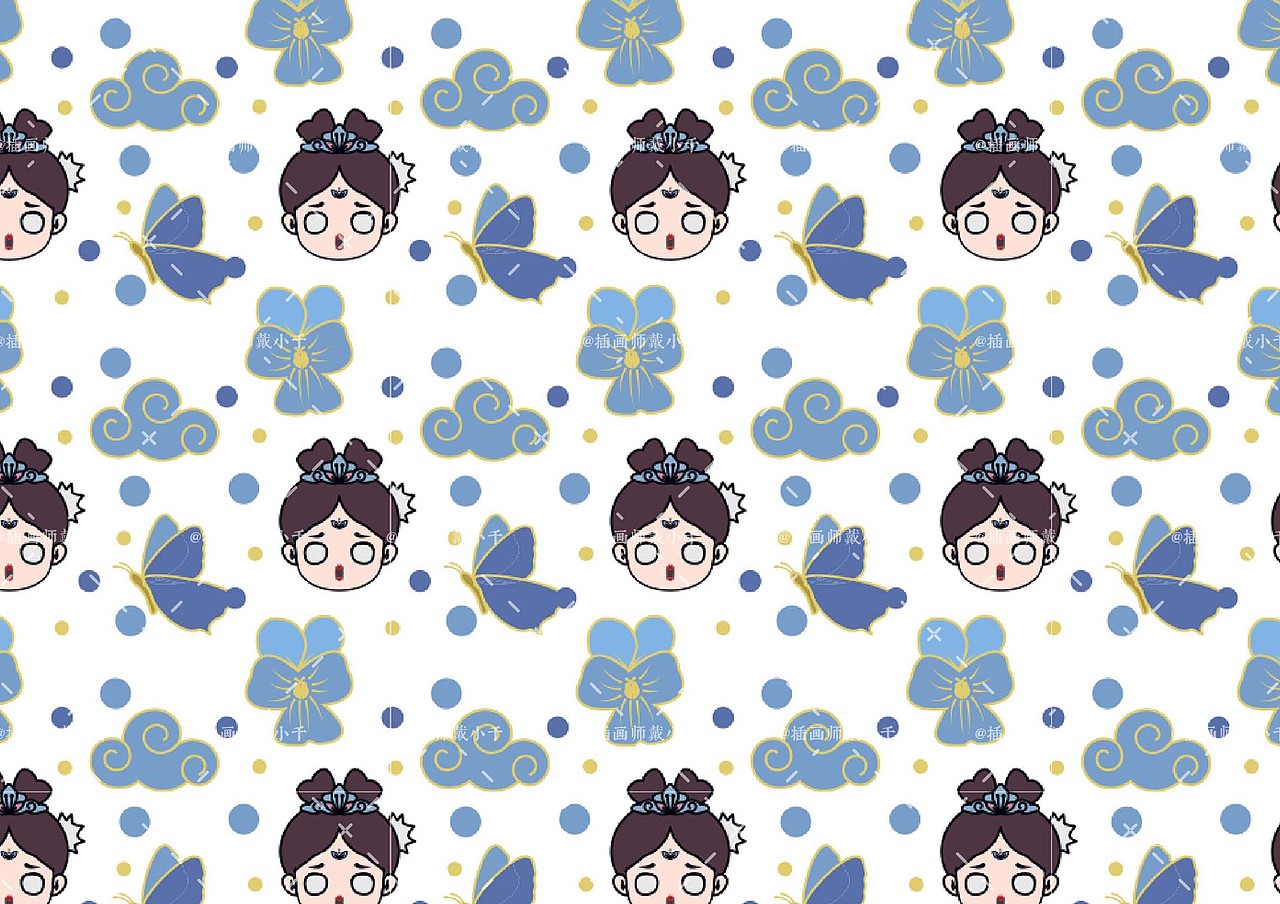 古风IP辅助图形 平铺 蝴蝶花 汉服少女 祥云