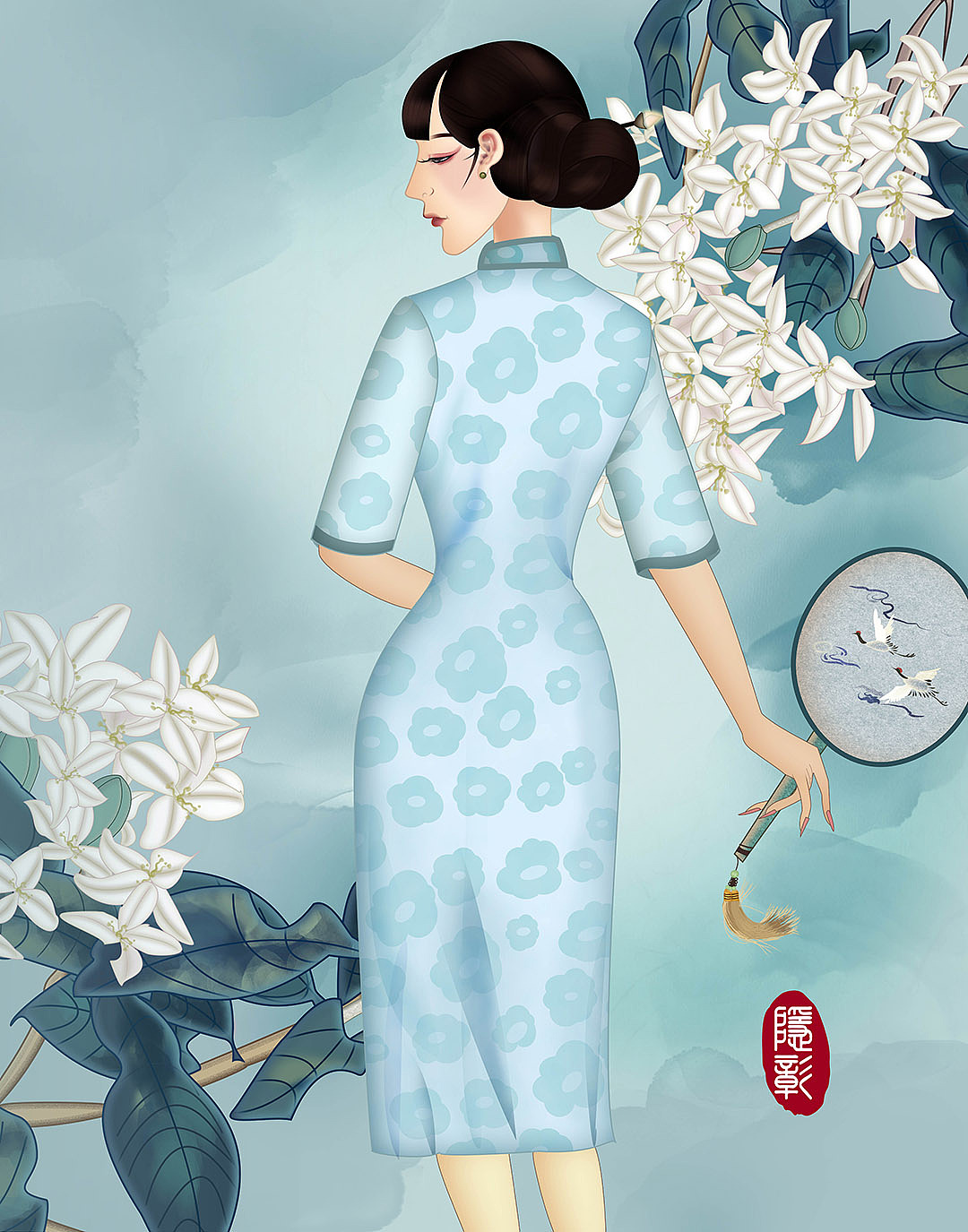 旗袍之美《中式扇子旗袍美人》（图ZMjA0MTkxOTg0） - 商业插画 - 站酷设计师隐彰原创素材 - 站酷ZCOOL