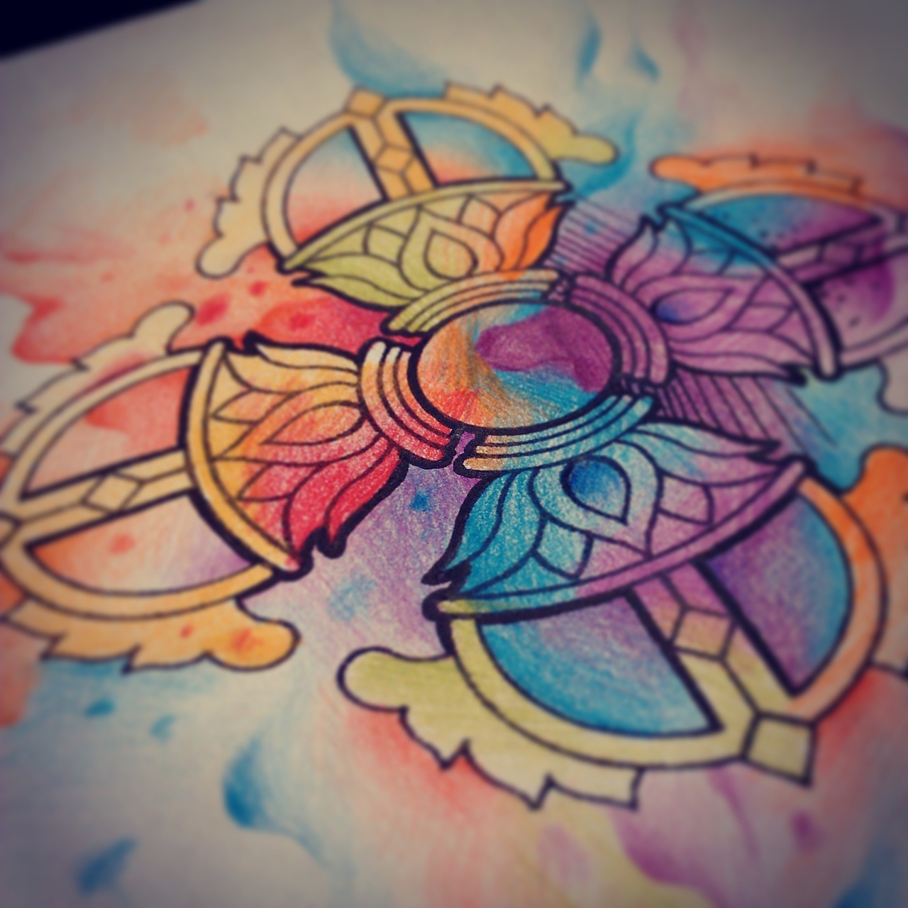 纹身手稿水彩泼墨降魔杵