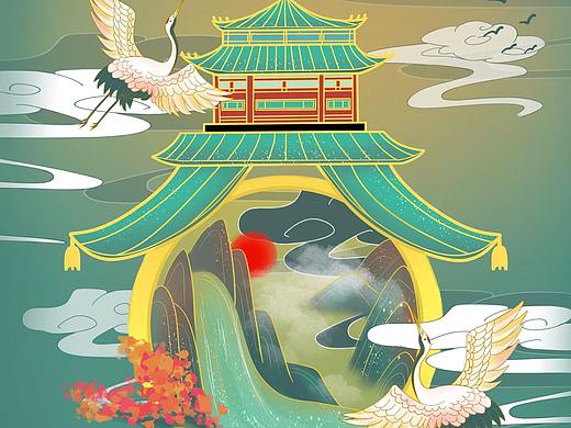 国潮建筑山水动物春插画