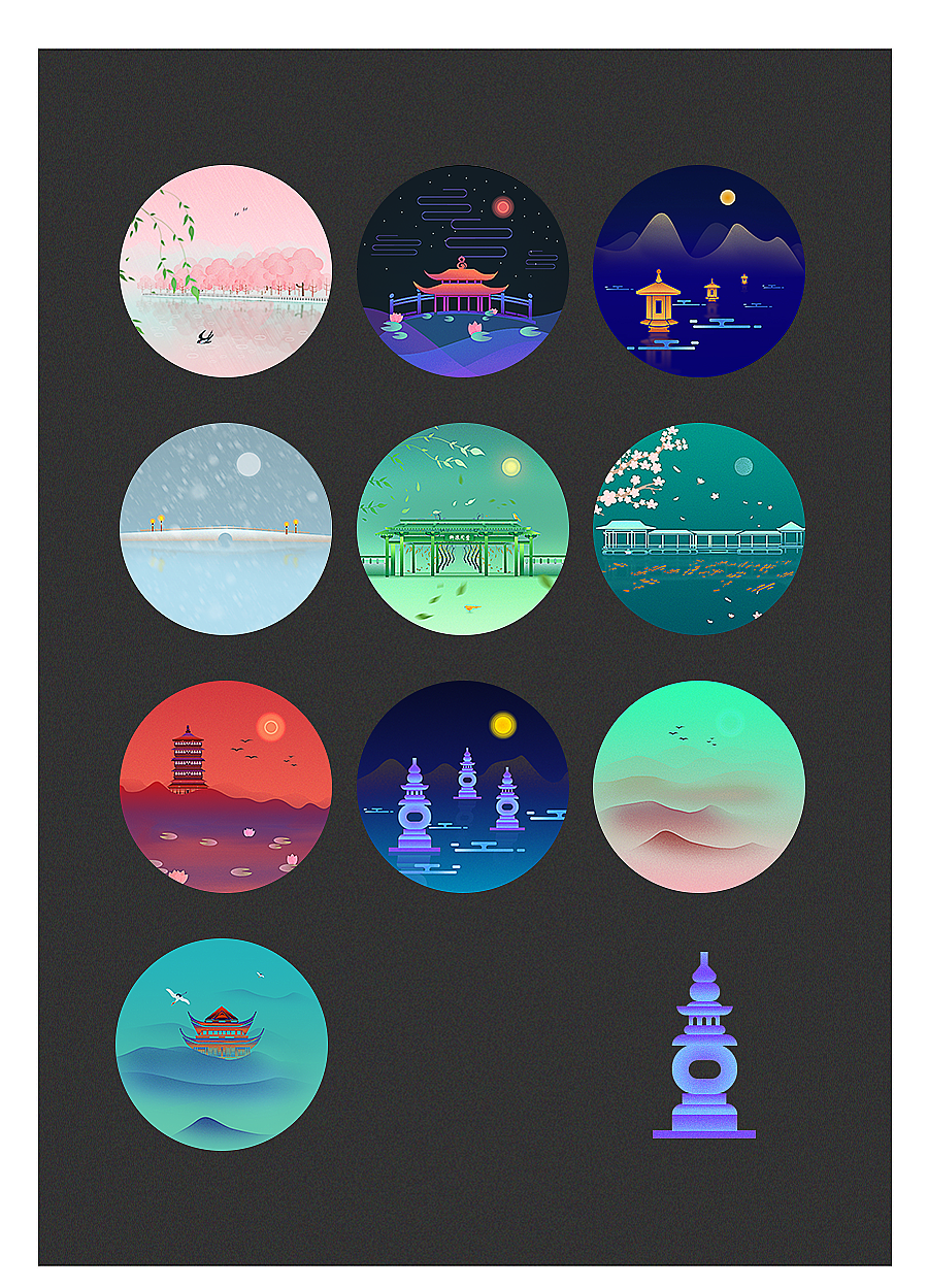 微渐变西湖十景插画