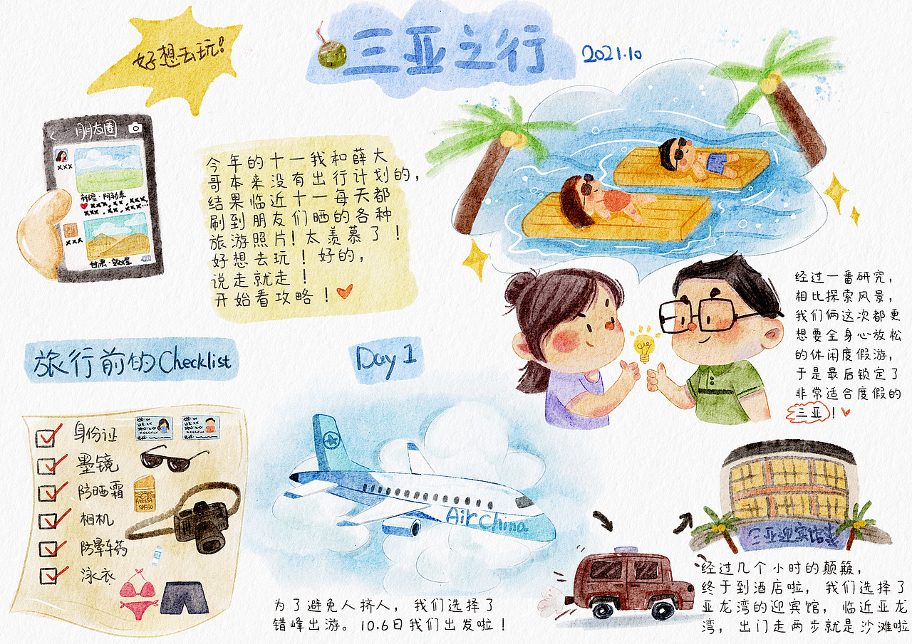 手绘游记-三亚之行（图ZMjc5MzkxOTY0） - 儿童插画 - 站酷设计师兔子牙秋秋原创素材 - 站酷ZCOOL