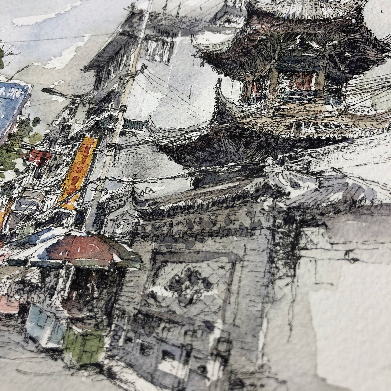 钢笔淡彩小城速涂西安回民街