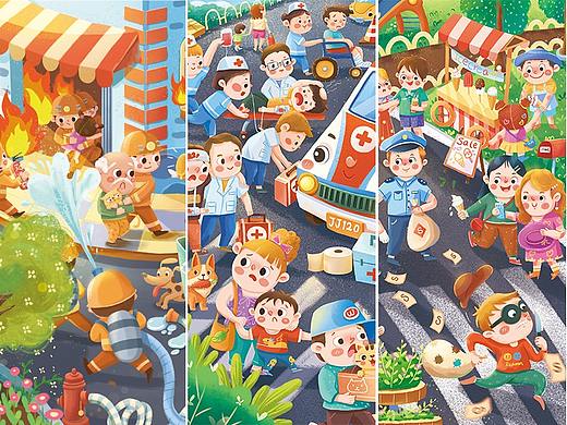 儿童救援拼图插画设计