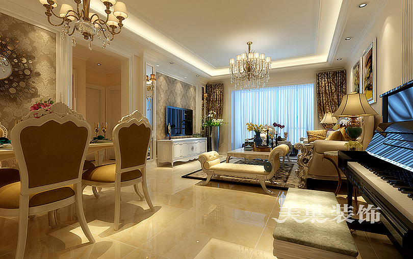 康桥金域上郡127平新古典风格三室两厅装修效果图--客餐厅