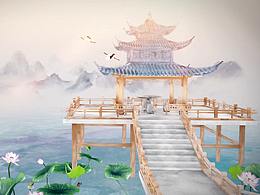 三維水墨荷花涼亭