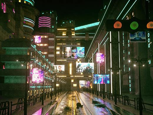 C4D 赛博朋克场景渲染-玩游戏是为了乐趣而不是为了赢