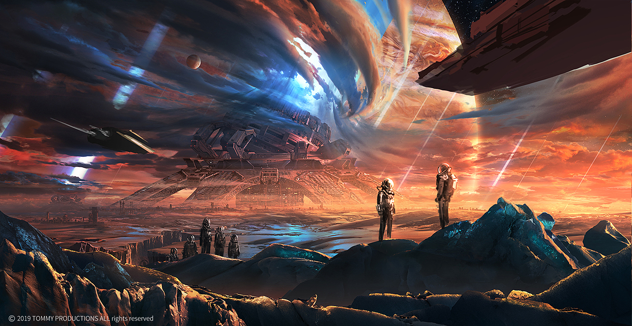 08
前景冰山细化——前景对素材的要求会变得很高，所以竟可能的找到好的素材是关键，我认为具备以下条件的就能算得上是好的素材：首先光源方向和设计的场景世界里的光源能匹配，第二素材的透视与设计的场景透视一致（如果有偏差也需要后期来更正），第三，素材的清晰度足够支撑原始尺寸下的观赏。暂时我就想到这三点，如果漏掉了还请大家补充。能直接找到满足这三点的素材那就太好了，只需要后期进行调色匹配就可以很自然的融入到背景里了，那如果满足不了以上三点要求，就只能自己去弥补。但真的不建议用绘画的方式来处理前景，因为对细节的要求太高，手绘很容就能分辨出来，竟可能用照片来合成。比如我图里的人物部分~~是不是会让你很出戏~人物是真没招了，只能画了（泪目）~~后续我讲到人物的处理。