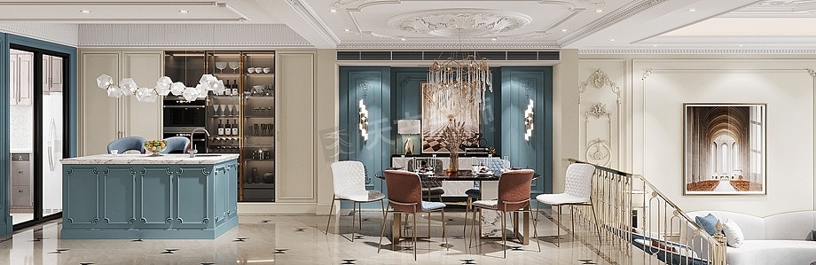 中西厨的布局,满足了日常生活的使用,客餐厨的生活以动线串联,形成温馨舒适的日常生活空间。蓝色的倒台和餐厅背景墙,棕色+白色的餐椅与法式符号的碰撞,打破了色彩上的的沉闷,为空间注入一股新鲜的活力,设计并不只是为了美感,而是在设计与生活之间建立深度联系。