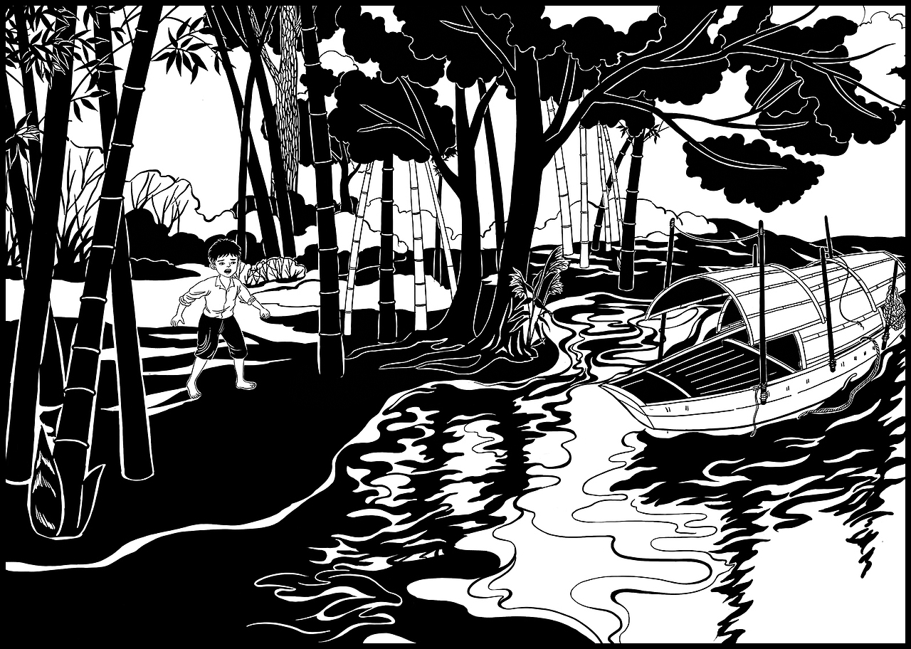 《疍家船》黑白插图 儿童插画 水上人家 暴雨 船