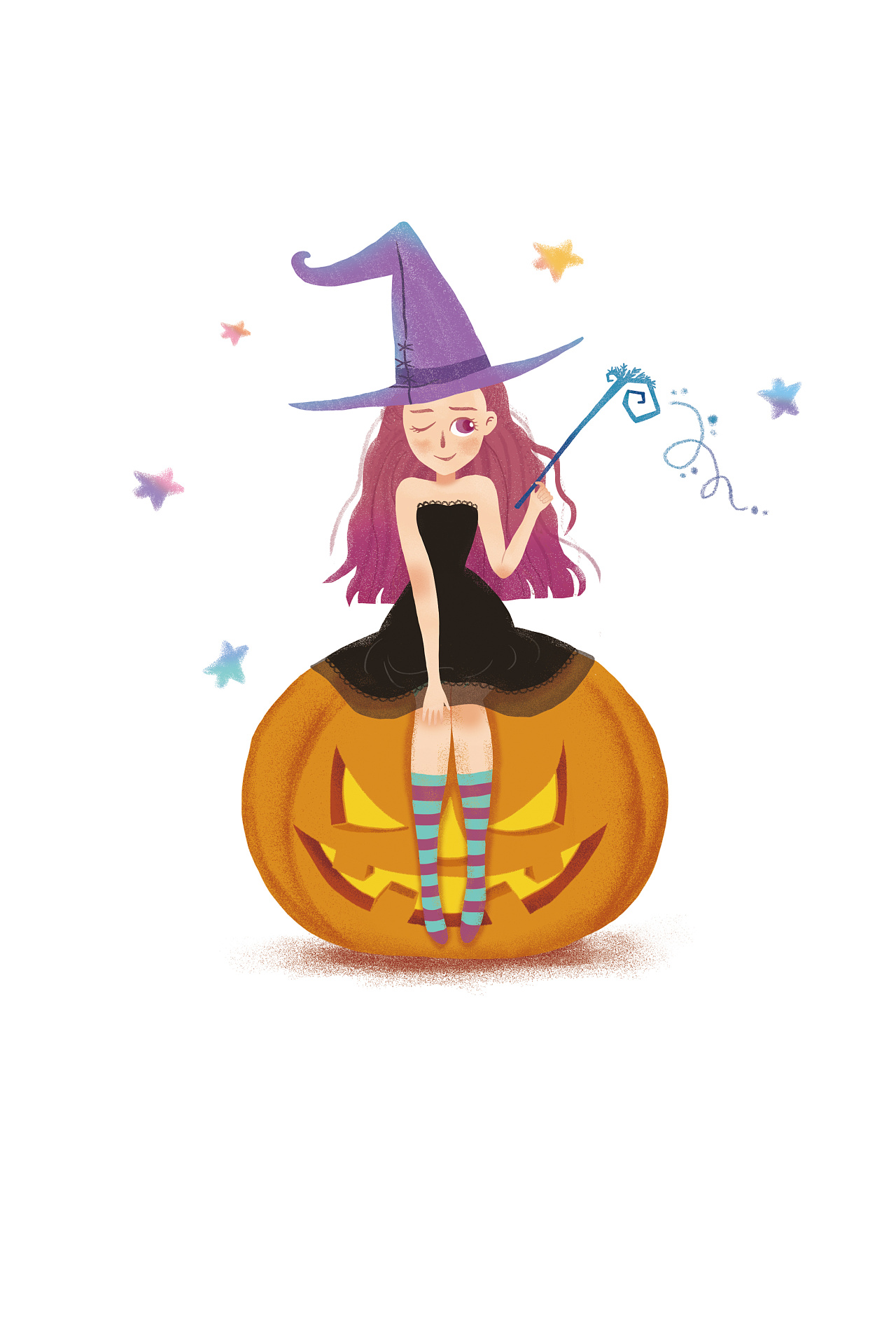 Little Witch In Halloween Costume With Pumpkin Jack PNG, Vector, PSD ...