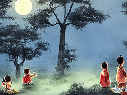 #站酷夢(mèng)筆#夏天的夜晚，月光灑在樹上，有一群孩子在家