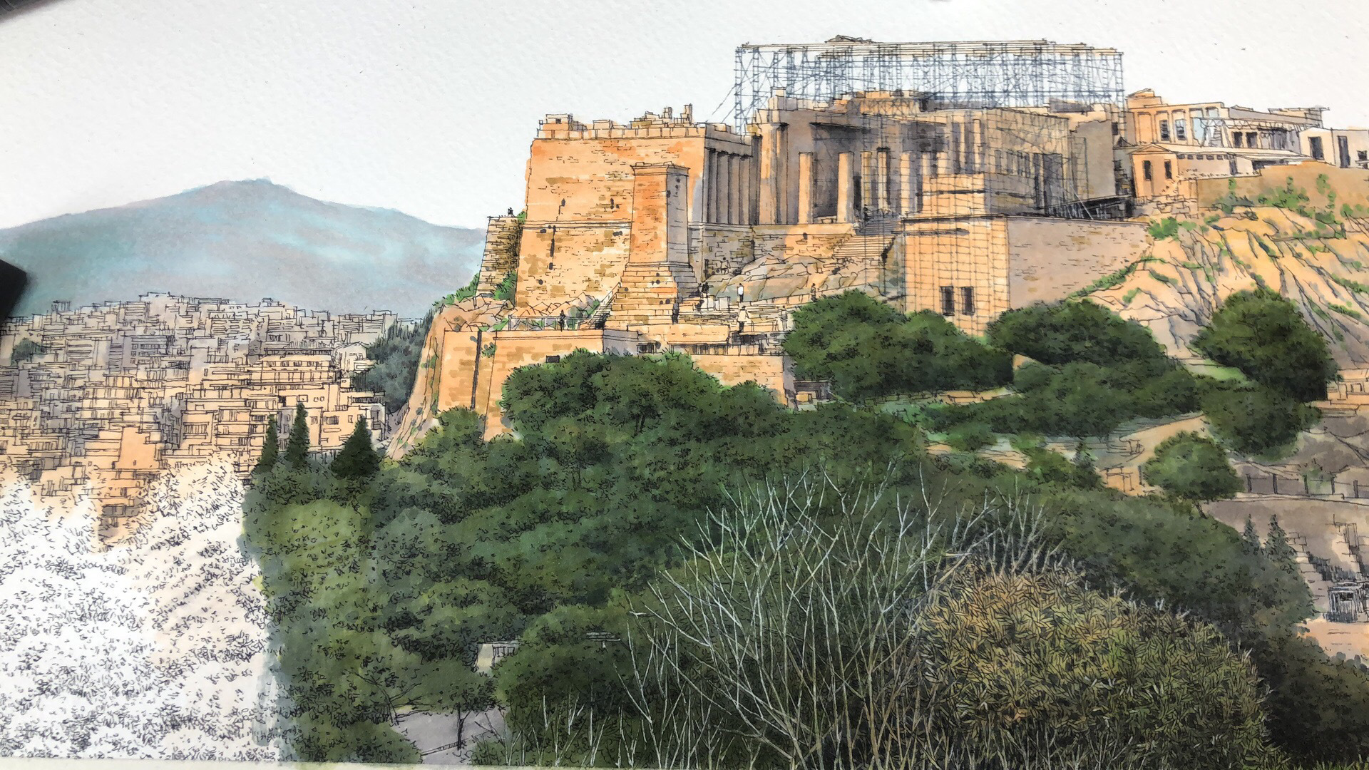 雅典卫城,钢笔 马克笔 75×30|纯艺术|绘画|刘勇手绘 - 原创作品