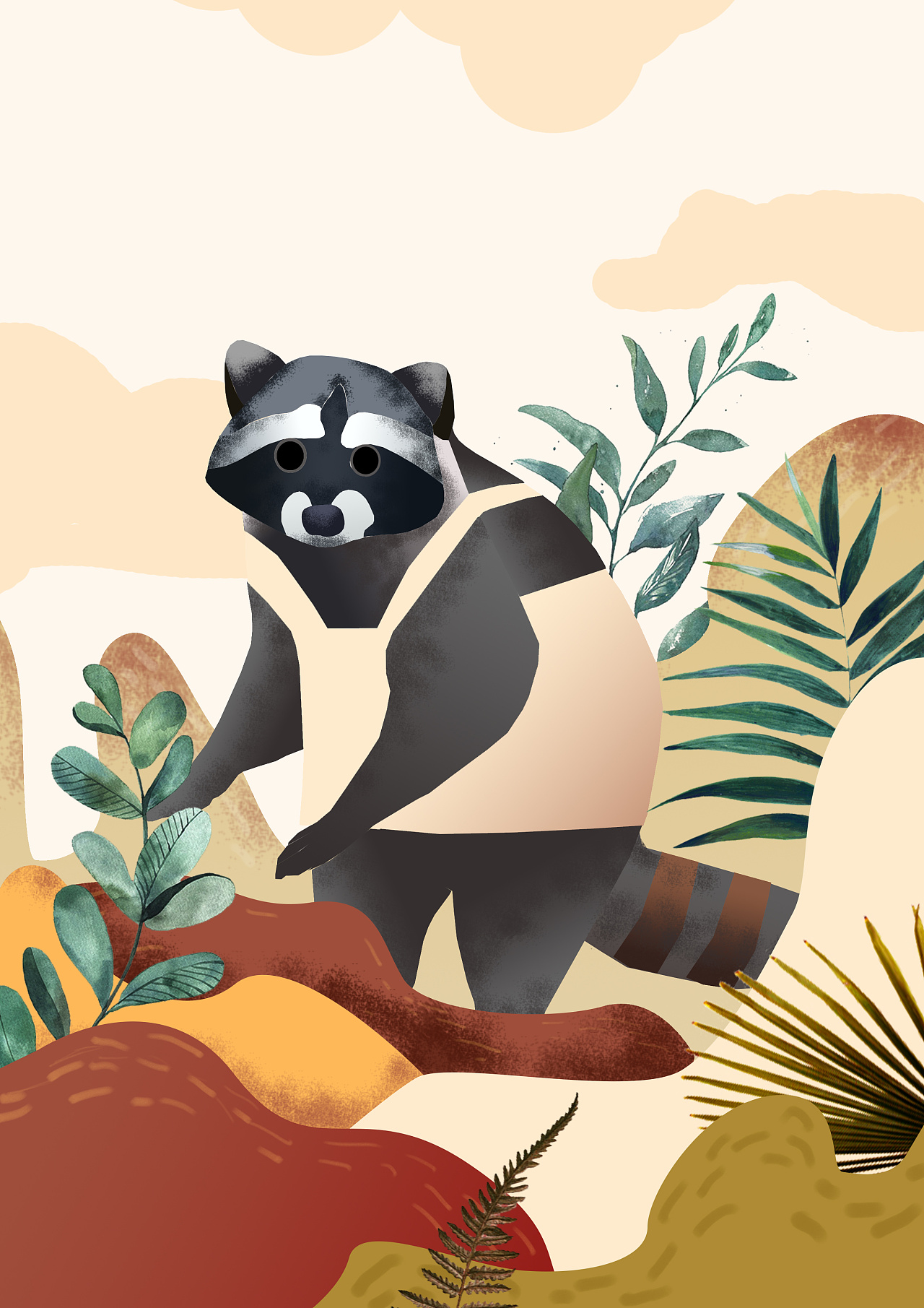 森林系浣熊插画