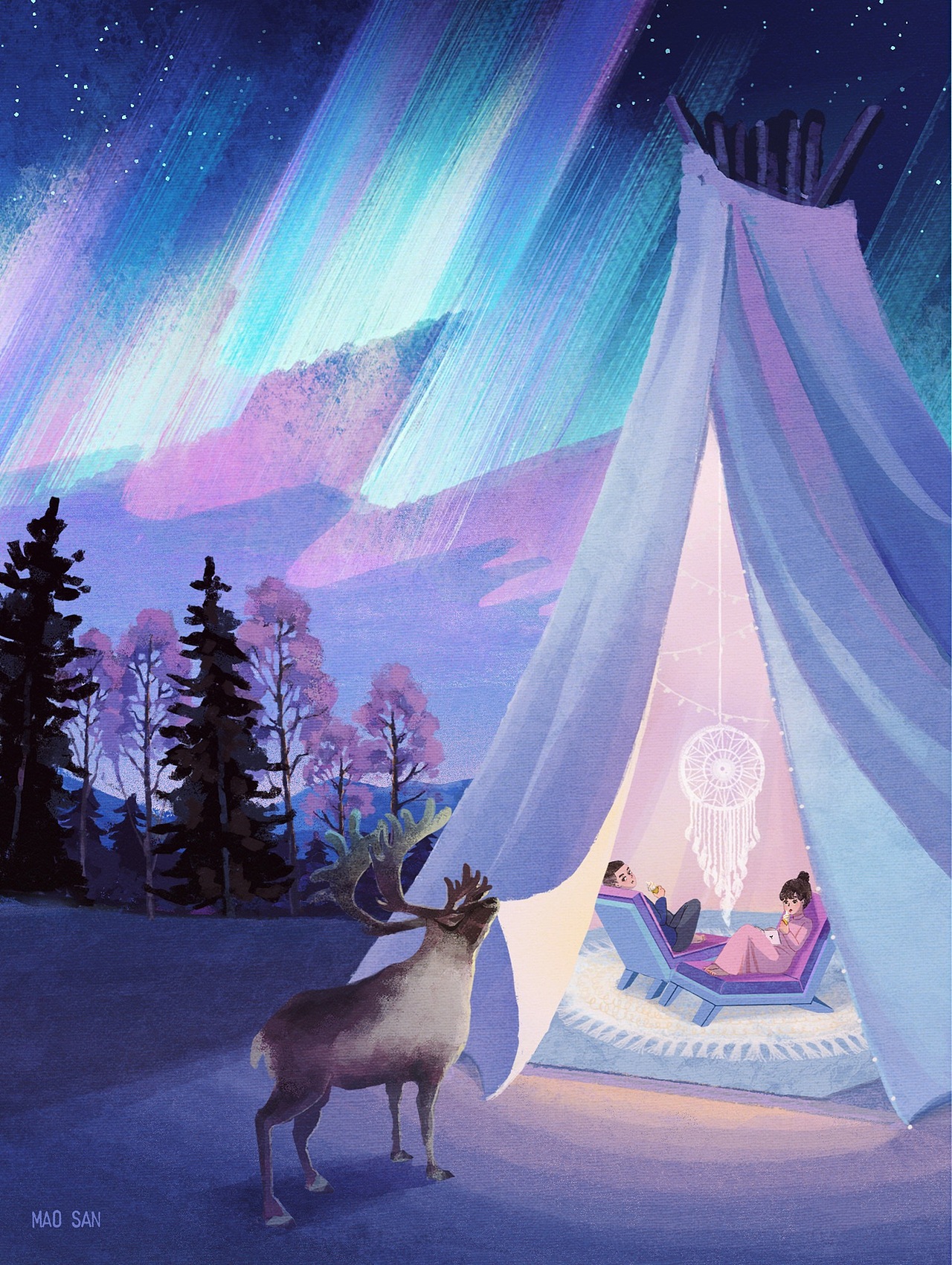 嘿！快出来看极光！——来自驯鹿的“打搅”