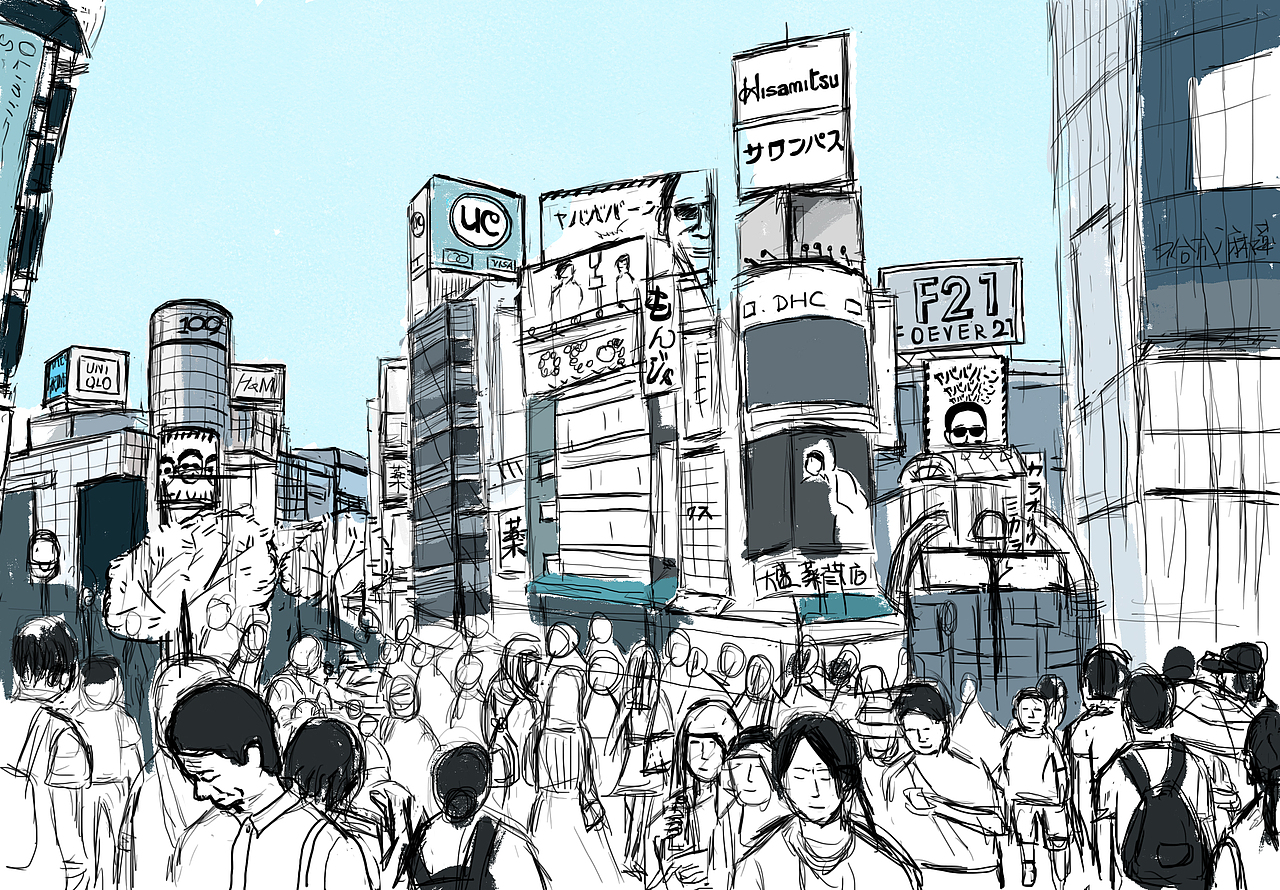 #手绘#涩谷街头（图ZMTM3MjAyOTI4） - 创作习作 - 站酷设计师Mia孟孟阳原创素材 - 站酷ZCOOL